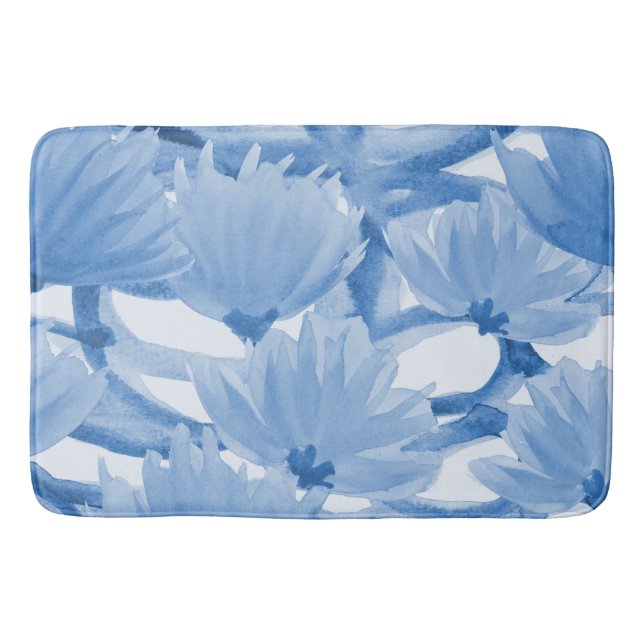Blue Watercolor Floral Design Bath Mat (Front)