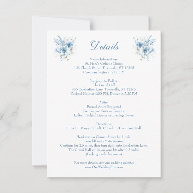 Blue watercolor Floral Details RSVP Card (Front)
