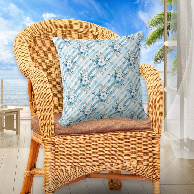 Blue Watercolor Floral & Diagonal Stripes Coastal  Throw Pillow (A pretty throw pillow with white and blue floral and striped pattern in a watercolor style)