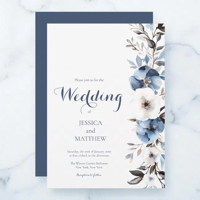 Blue Watercolor Floral Elegant Flowers Wedding Invitation | Zazzle