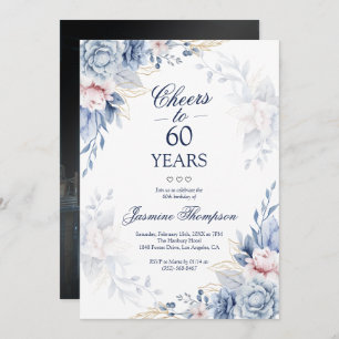 Blue Watercolor Floral Elegant Photo 60th Birthday Invitation