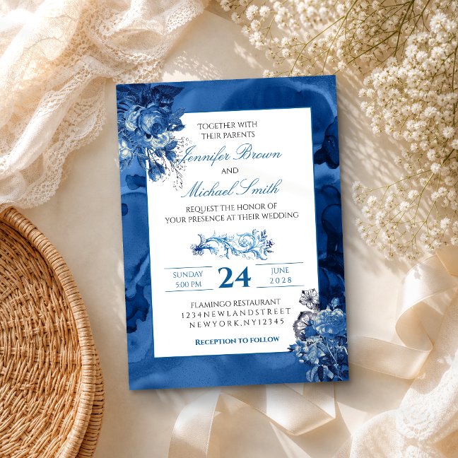 Blue Watercolor floral Elegant Wedding Invitation