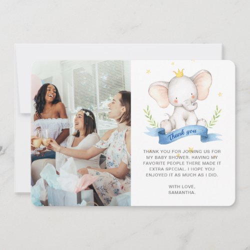 Blue Watercolor Floral Elephant Baby Shower Photo Thank You Card