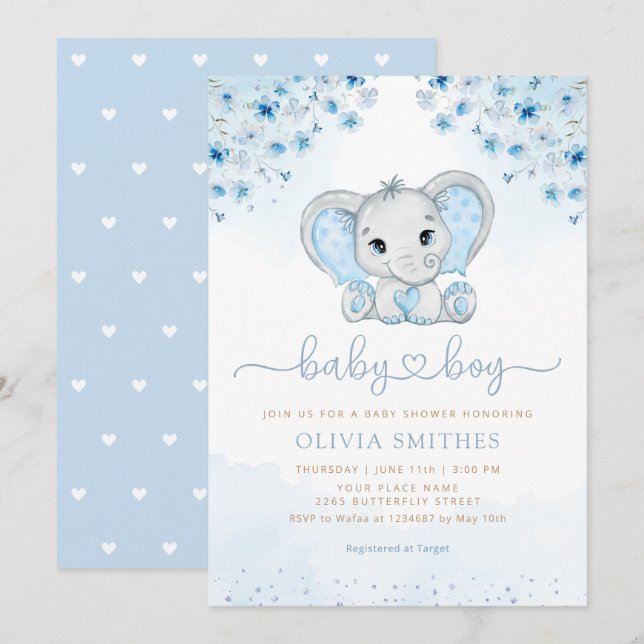 Blue Watercolor Floral Elephant Boy Baby Shower Invitation (Front/Back)