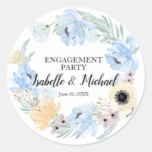 Blue Watercolor Floral Engagement Party Editable Classic Round Sticker