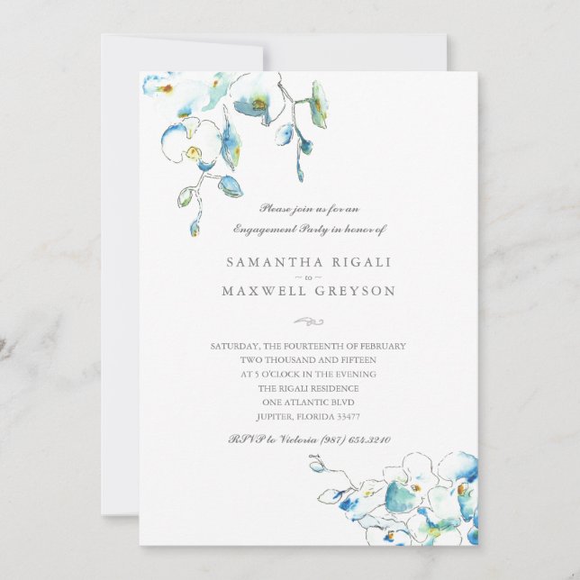 Blue Watercolor Floral Engagement Party Invitation (Front)