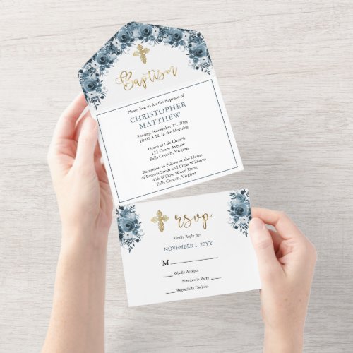 Blue Watercolor Floral  Faux Gold Boy Baptism All In One Invitation