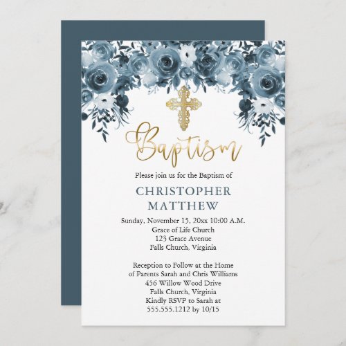 Blue Watercolor Floral  Faux Gold Boy Baptism Inv Invitation