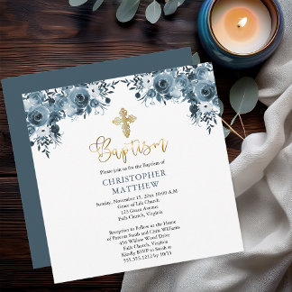 Blue Watercolor Floral | Faux Gold Boy Baptism Invitation