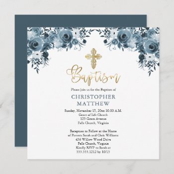 Blue Watercolor Floral | Faux Gold Boy Baptism  Invitation by holidayhearts at Zazzle