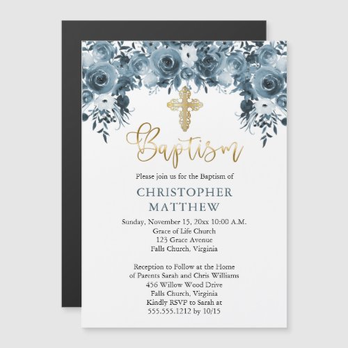 Blue Watercolor Floral  Faux Gold Boy Baptism Magnetic Invitation