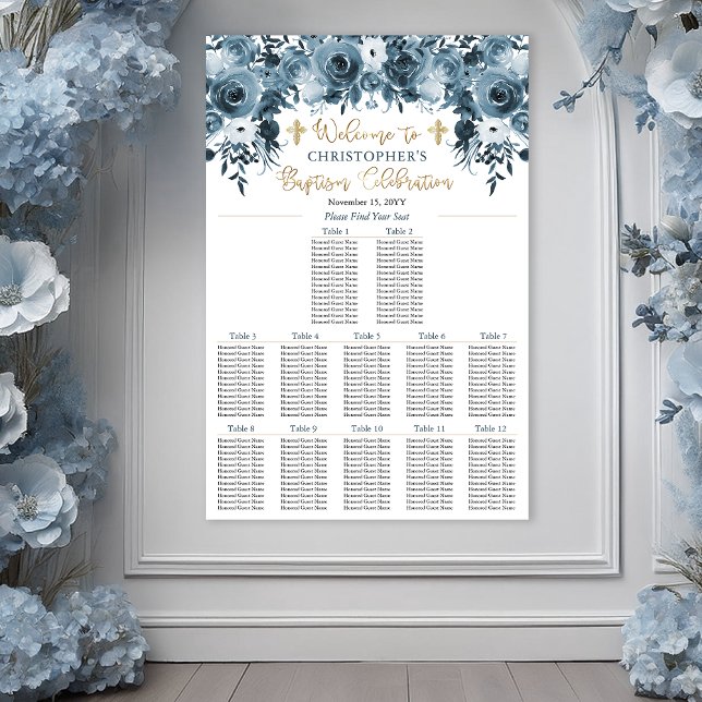 Blue Watercolor Floral | Faux Gold Boy Baptism Poster (Blue Watercolor Floral Faux Gold Boy Baptism Poster Seating Chart)