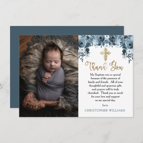 Blue Watercolor Floral  Faux Gold Boy Baptism Thank You Card