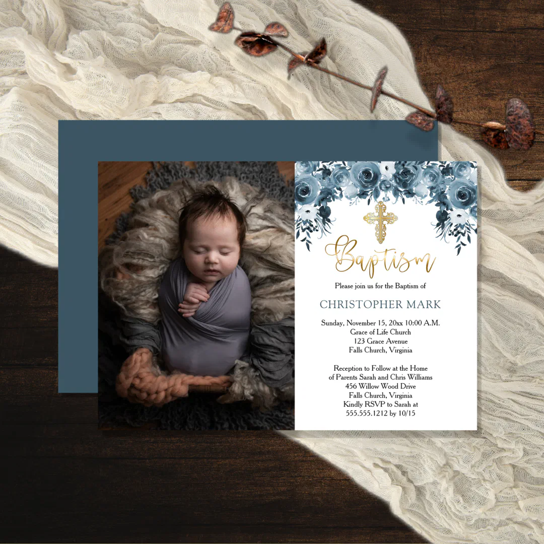 Blue Watercolor Floral Faux Gold Boy Photo Baptism Invitation (Creator Uploaded)