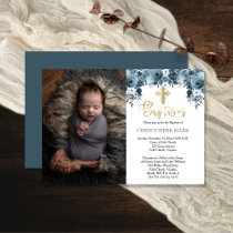 Blue Watercolor Floral Faux Gold Boy Photo Baptism Invitation