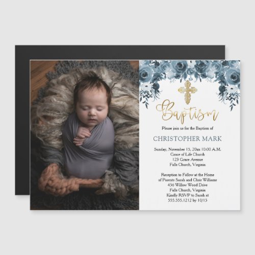 Blue Watercolor Floral Faux Gold Boy Photo Baptism Magnetic Invitation