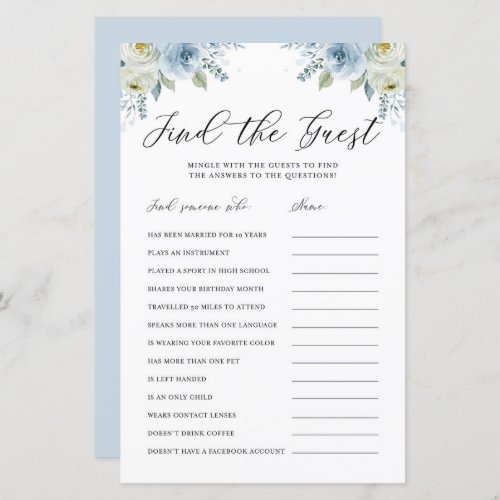 Blue Watercolor Floral Find the Guest Shower Game