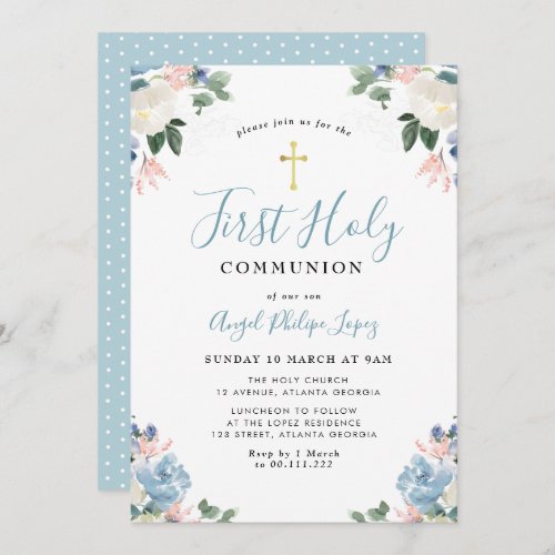 blue watercolor floral first holy communion invitation