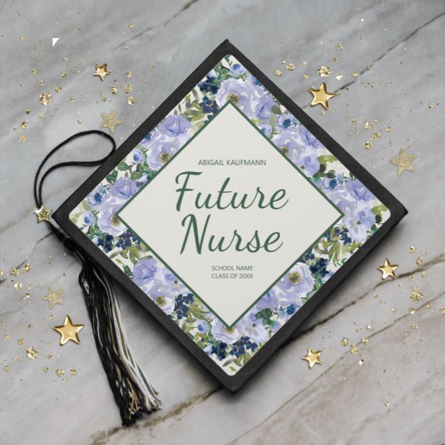 Blue Watercolor Floral Future Nurse Graduation Cap Topper (Creator Uploaded)