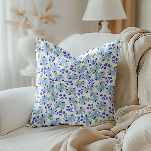 Blue Watercolor Floral Garden Throw Pillow