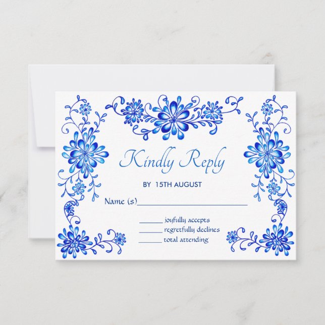 Blue Watercolor Floral Garland Wedding RSVP Card (Front)