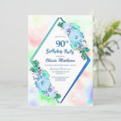 Blue Watercolor Floral Geometric 90th Birthday Invitation (Standing Front)