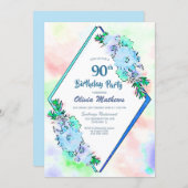 Blue Watercolor Floral Geometric 90th Birthday Invitation (Front/Back)