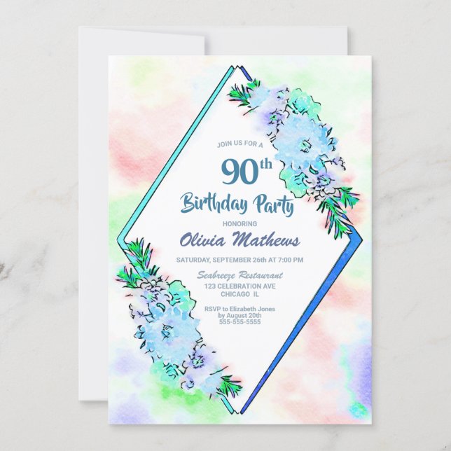 Blue Watercolor Floral Geometric 90th Birthday Invitation (Front)