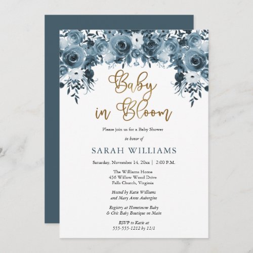 Blue Watercolor Floral  Gold Baby in Bloom Shower Invitation
