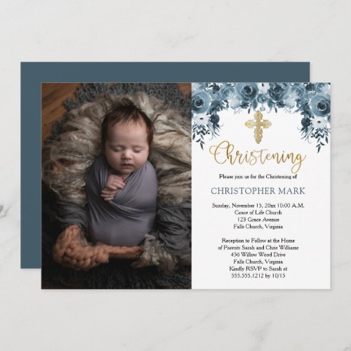 Blue Watercolor Floral Gold Boy Photo Christening Invitation