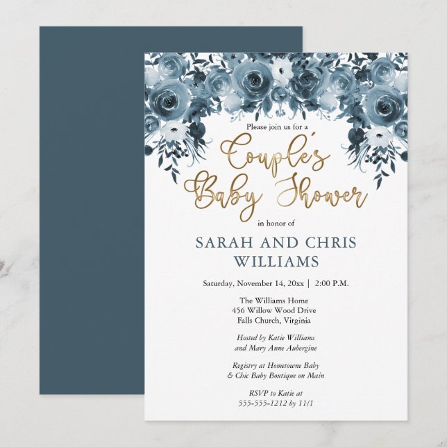 Blue Watercolor Floral | Gold Couples Baby Shower Invitation (Front/Back)