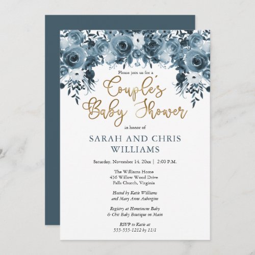Blue Watercolor Floral  Gold Couples Baby Shower Invitation