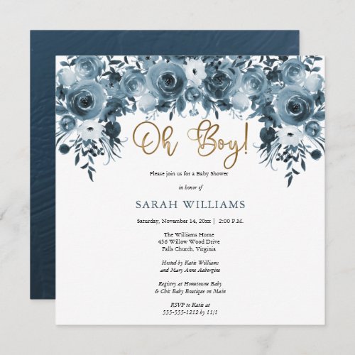 Blue Watercolor Floral  Gold Oh Boy Shower Invitation