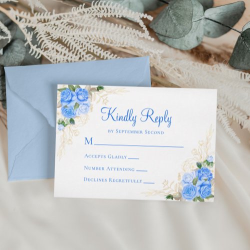 Blue Watercolor Floral Gold Wedding RSVP Card