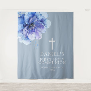 Blue Watercolor Floral Holy Communion Backdrop