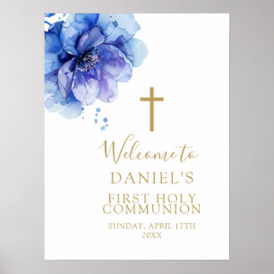 Blue Watercolor Floral Holy Communion Welcome Sign