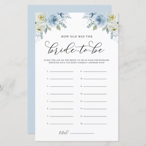 Blue Watercolor Floral How Old Was the Bride Game