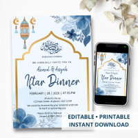 Blue Watercolor Floral Iftar Dinner Ramadan