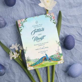 Blue Watercolor Floral Indian Peacock Wedding Invitation