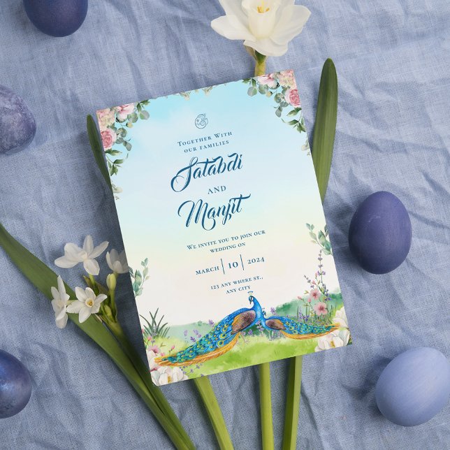 Blue Watercolor Floral Indian Peacock Wedding Invitation (Creator Uploaded)