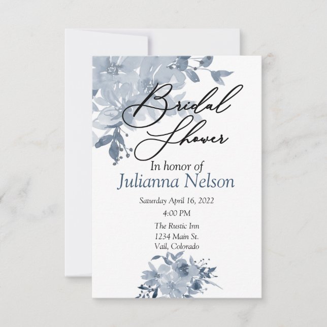 Blue watercolor floral  invitation (Front)