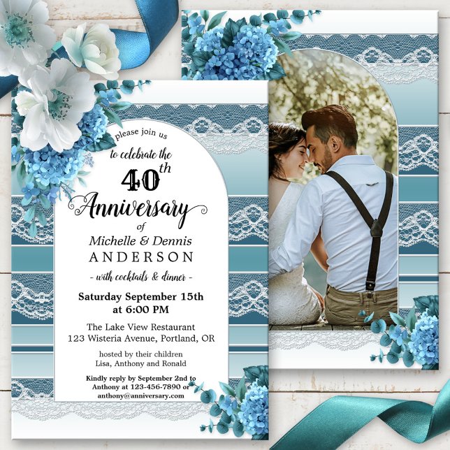 Blue Watercolor Floral Lace Photo Anniversary Invitation (Creator Uploaded)