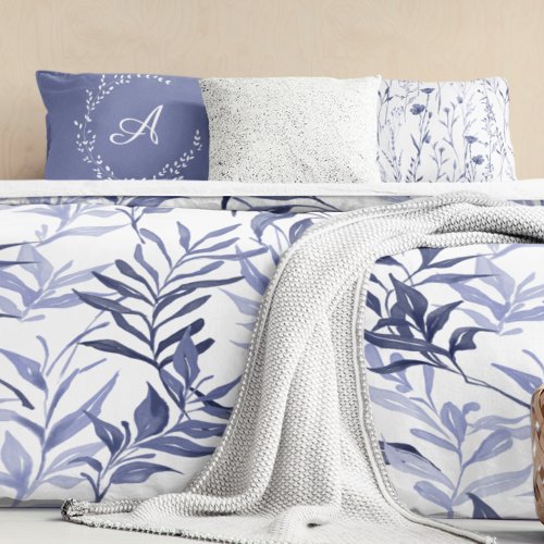 Blue Watercolor Floral Leaf Pattern Duvet Cover