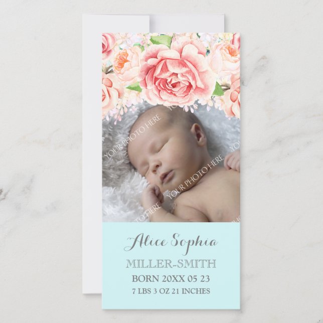 Blue Watercolor Floral Lilac Birth Announcement (Front)