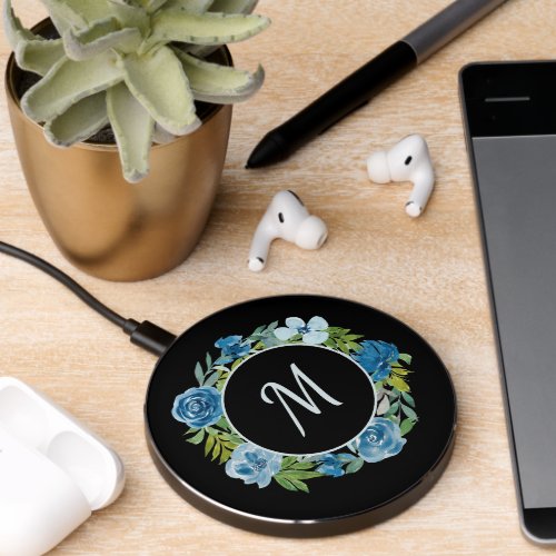 Blue Watercolor Floral Monogram Initial on Black Wireless Charger