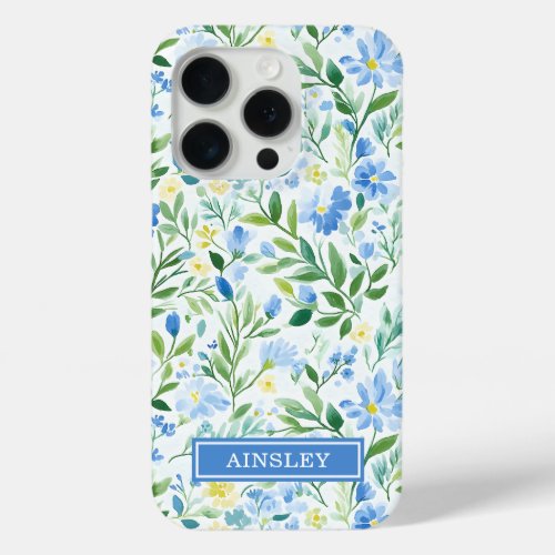 Blue Watercolor Floral Monogrammed iPhone 15 Pro Case