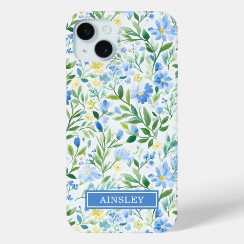 Blue Watercolor Floral Monogrammed iPhone 15 Plus Case