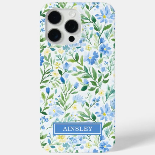 Blue Watercolor Floral Monogrammed iPhone 15 Pro Max Case