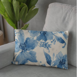 Blue Watercolor Floral Painted Botanical Whimsical Accent Pillow