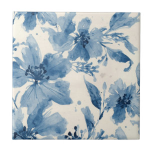 Blue Watercolor Floral Painted Botanical Whimsical Ceramic Tile
